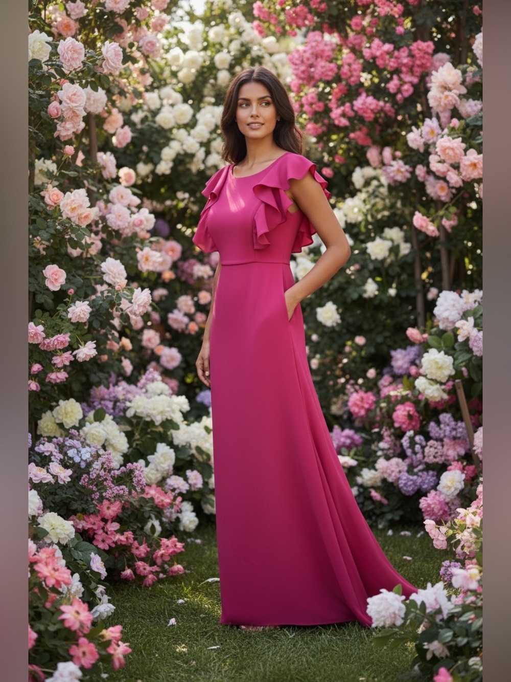 Badgley Mischka Fuchsia Ruffle-Back Formal Dress